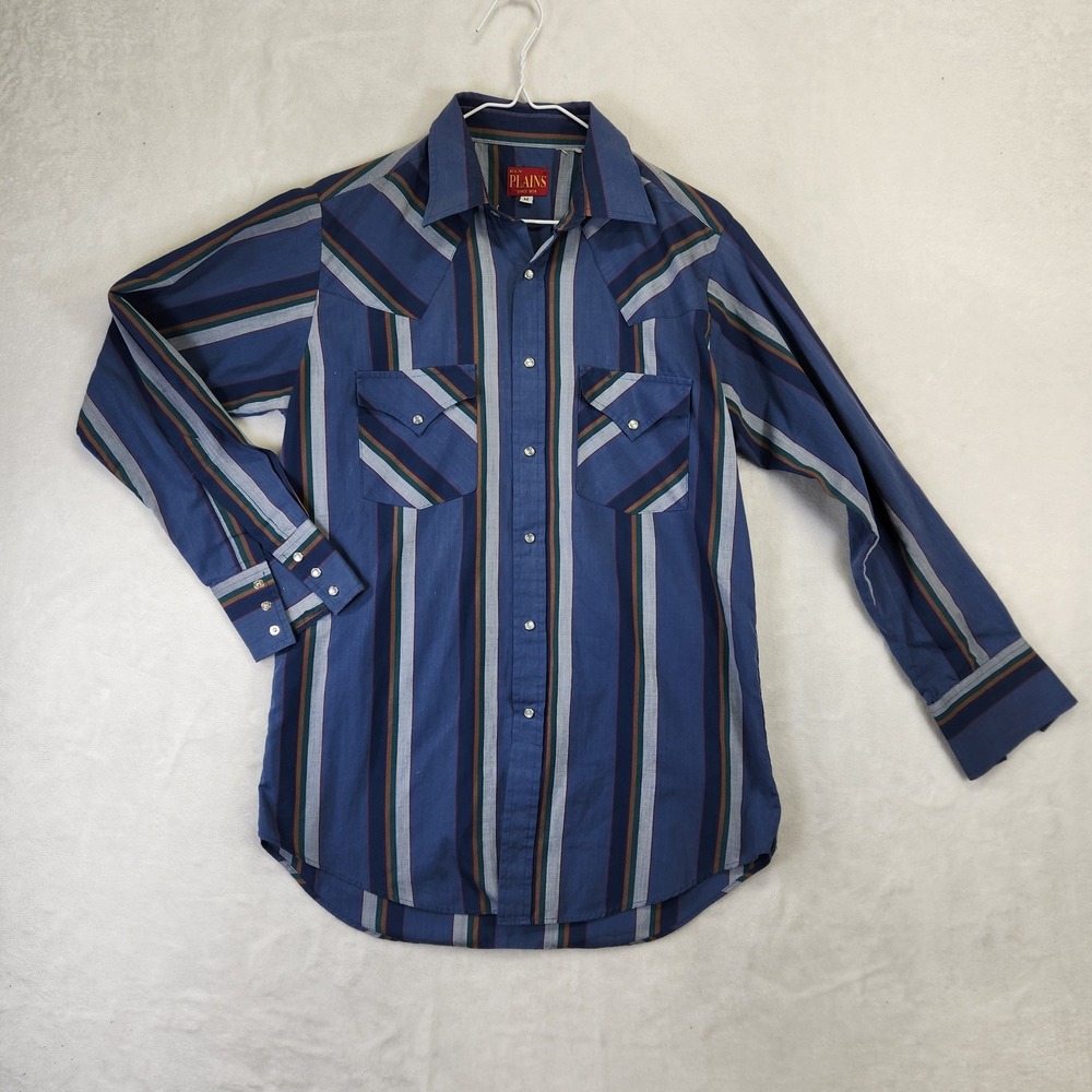Vintage Ely Plains Mens Pearl Snap Western Shirt Blue Striped Long Sleeve Medium